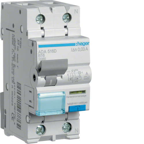 WYŁĄCZNIK RÓŻNICOWY Z CZŁONEM NADPRĄDOWYM 1-POLOWY Z TOREM NEUTRALNYM 10KA B 16A/30MA TYP A RCBO - ADA516D - HAGER - BERKER