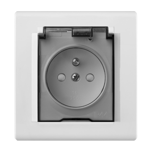 GNIAZDO POJEDYŃCZE Z UZIEMIENIEM IP44 KLAPKA DYMNA BIAŁE BEZ RAMKI CATRIN - 2166-10 - ELEKTRO-PLAST NASIELSK