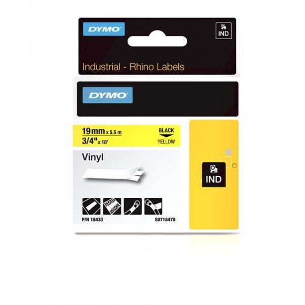 RHINO Taśma Winylowa z trwałym klejem - czarna na żółtym 19mm - 18433 - DYMO