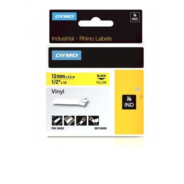 RHINO Taśma Winylowa z trwałym klejem - czarna na żółtym 12mm - 18432 - DYMO
