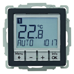REGULATOR TEMPERATURY ZE STEROWNIKIEM CZASOWYM STYKIEM ZMIENNYM I ELEMENTEM CENTRALNYM ANTRACYT AKSAMIT Q.1/Q.3  - 20446086 - HAGER - BERKER