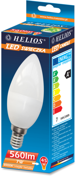 ŹRÓDŁO LED ŚWIECOWA 7W E14 560LM C37 3000K 25000H. - LED-2867 - HELIOS żarówki